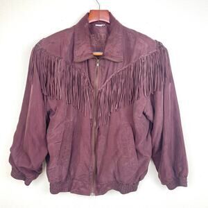 Vintage Womens Jacket Sz S %100 Silk Bomber Fringe Western Artsy Boho Festival